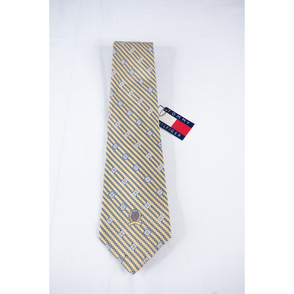 Vintage Tommy Hilfiger Silk Tie Mens Yellow New Geometric Crest Pattern Necktie - Picture 5 of 5